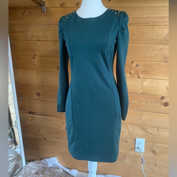Edgy Forest Green Long Sleeve Dress Stud Spike Shoulder Christmas Holiday Medium - Picture 2 of 11